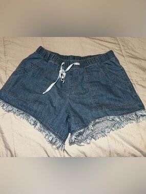 Denim Frayed Hem Women's Drawstring Shorts - Blue